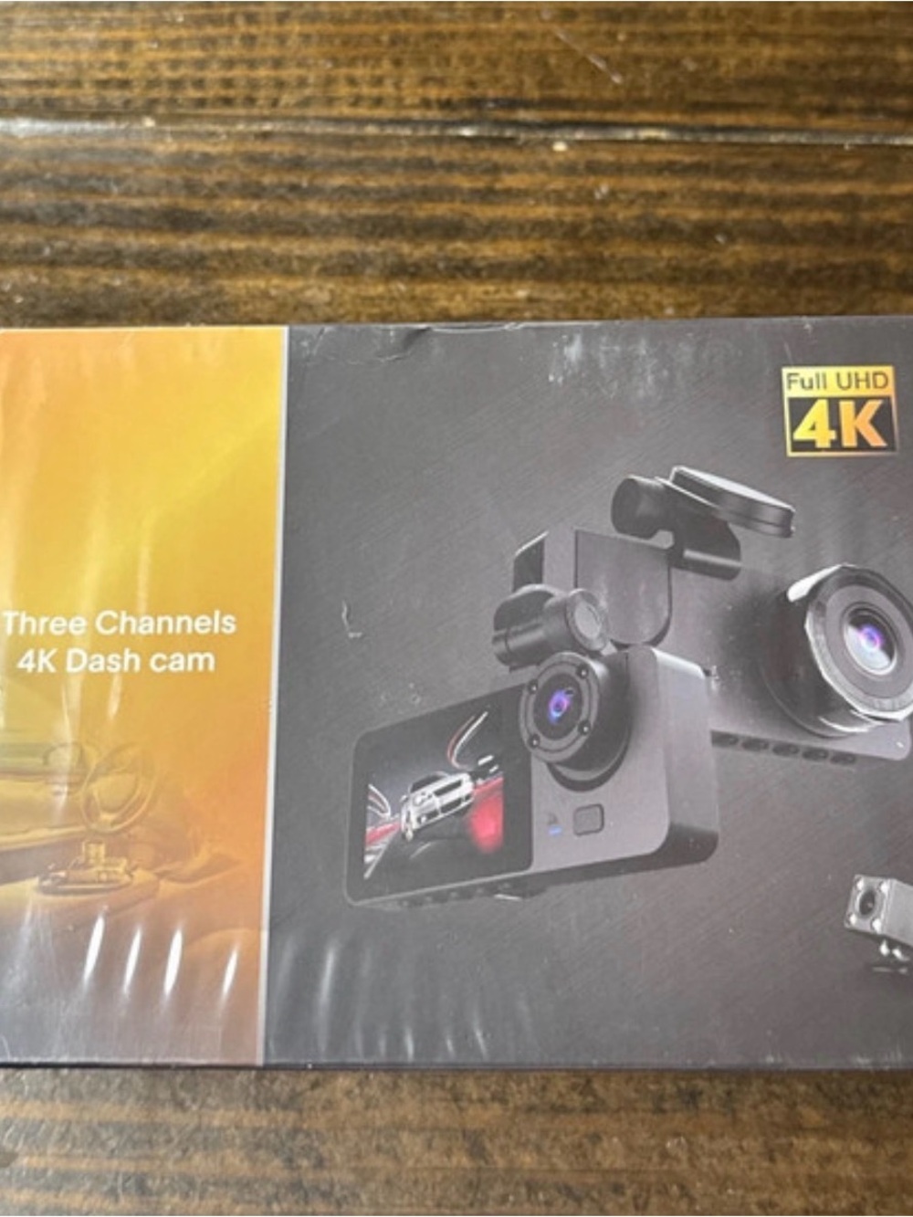 Amazon Three Channel 4K Dash Cam in Black and Yellow Packaging